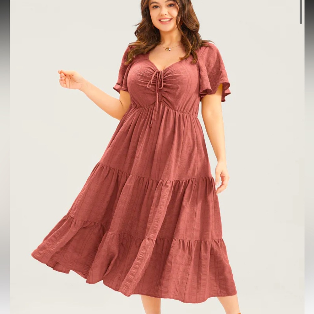 Plain Ruched Drawstring Pocket Ruffle Tiered Dress - Picture 1 of 7